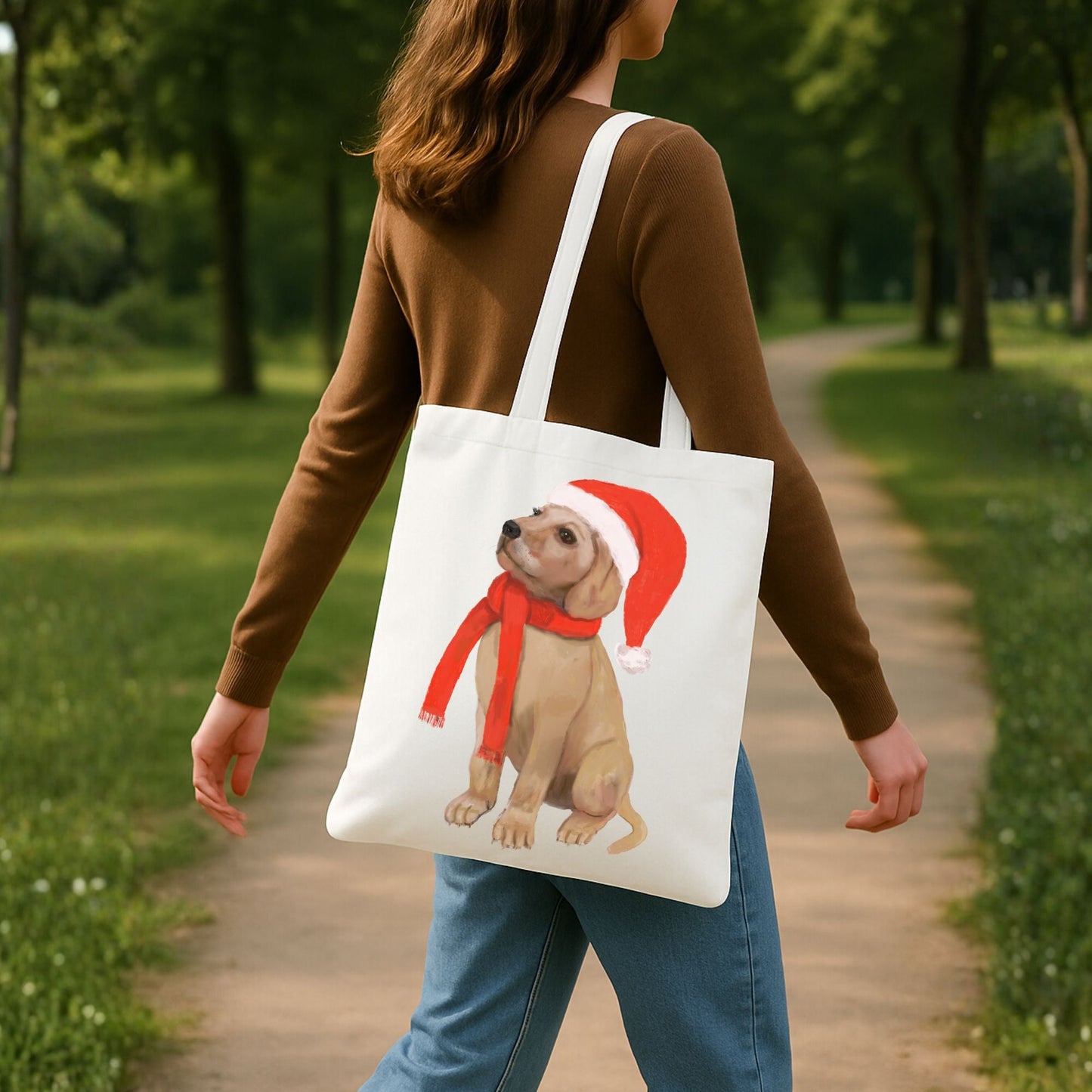 Christmas Puppy Canvas Tote Bag - MerikaArt
