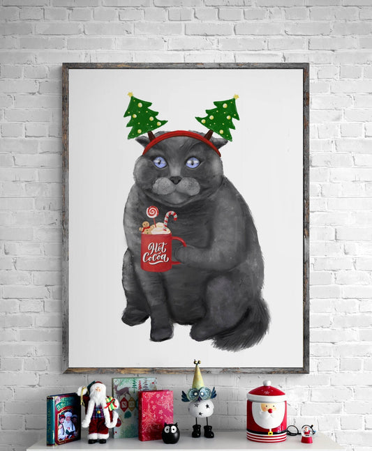 Christmas Scottish Fold Cat Print, Cute Cat Artwork, Scottish With Hot Cocoa, Cat Illustration, Home Decor, Kitten Painting, Cat Lover Gift - MerikaArt