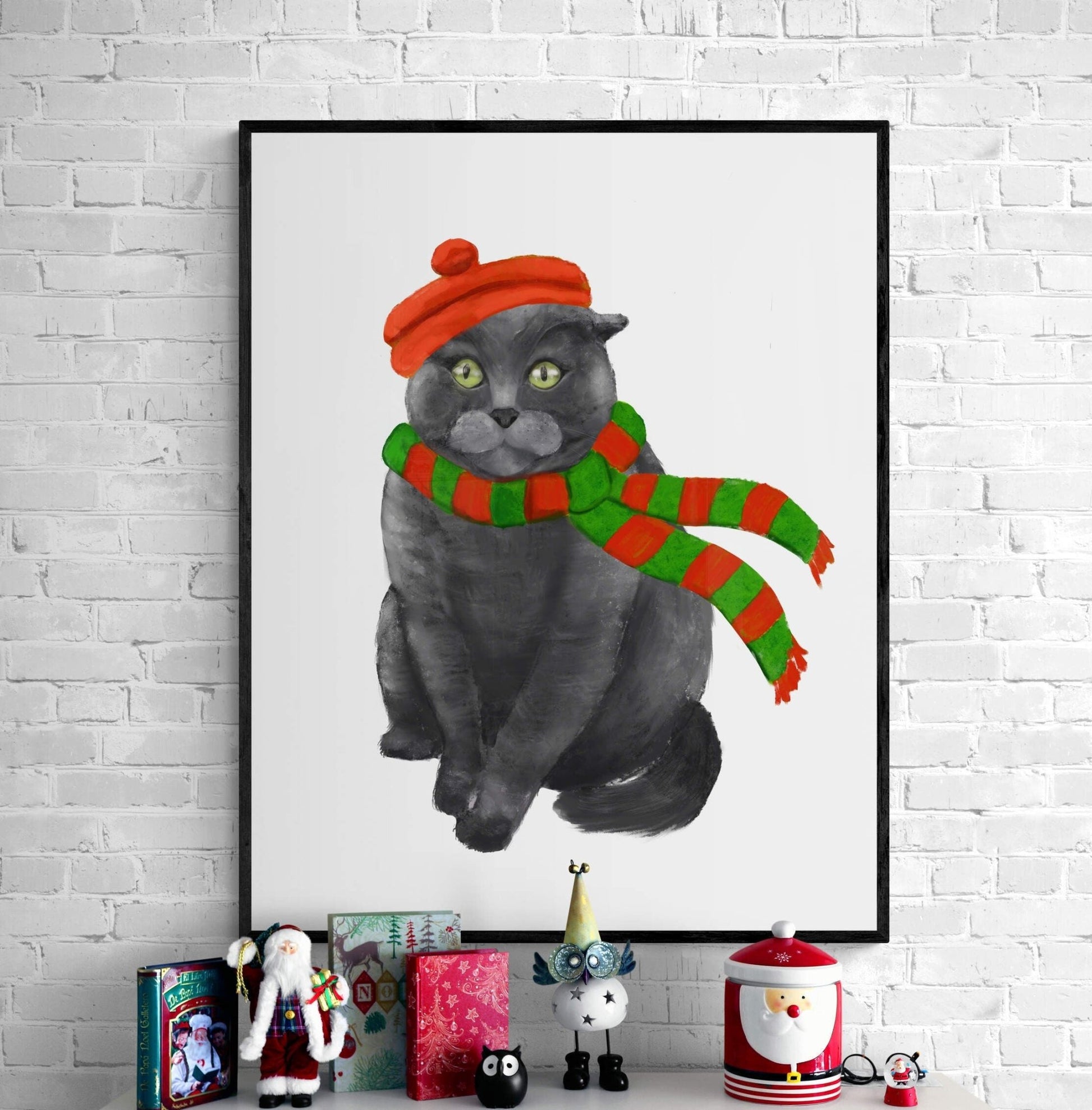 Christmas Scottish Fold Cat Print, Cute Cat Artwork, Scottish With Winter Hat and Scarf, Home Decor, Kitten Painting, Cat Lover Gift - MerikaArt