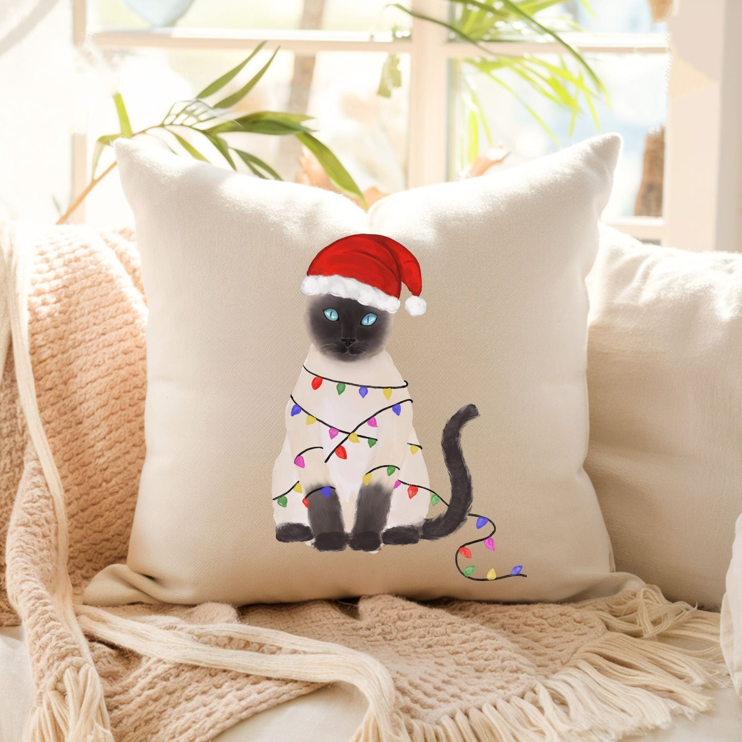 Christmas Siamese Cat Pillow - MerikaArt