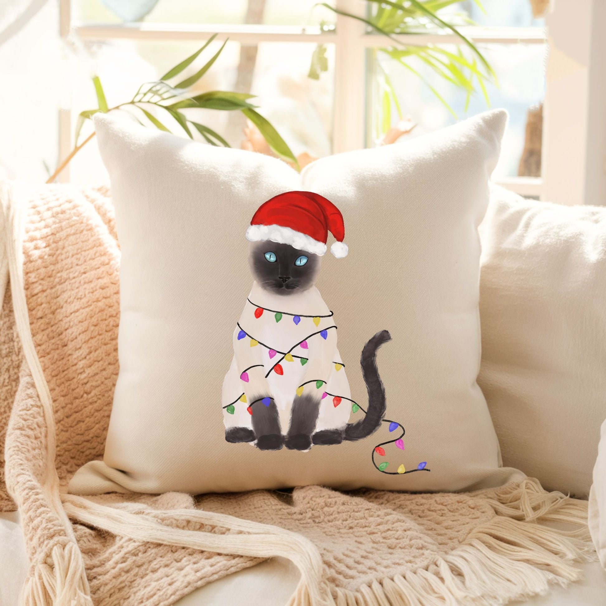 Christmas Siamese Cat Pillow - MerikaArt