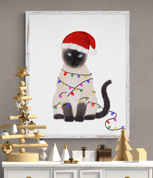 Christmas Siamese Cat Print, Naughty Cat Artwork, Siamese With Xmas Lights, Cat Illustration, Home Decor, Kitten Painting, Cat Lover Gift - MerikaArt