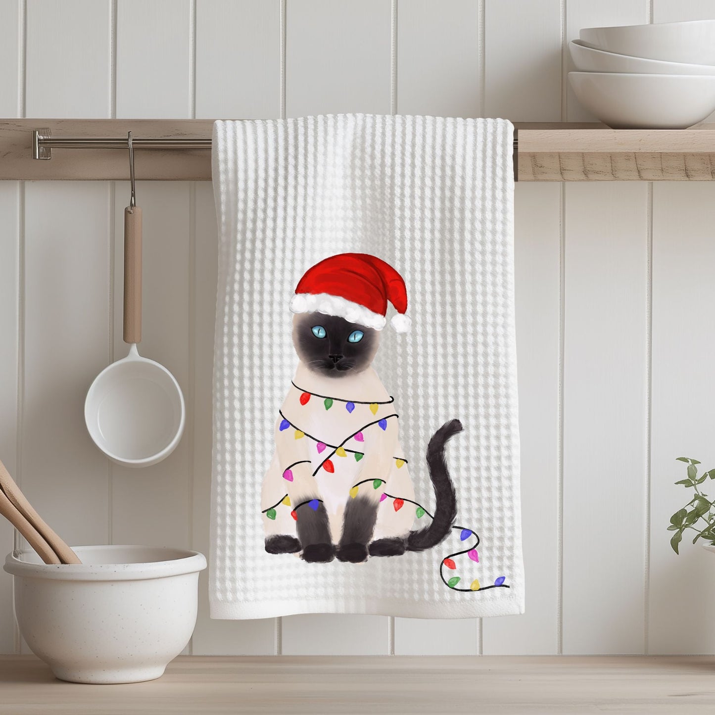 Christmas Siamese Cat Waffle Weave Kitchen Towel - MerikaArt
