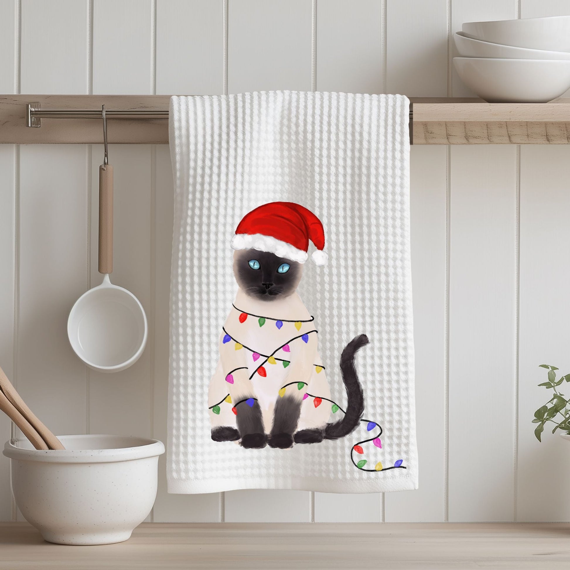 Christmas Siamese Cat Waffle Weave Kitchen Towel - MerikaArt