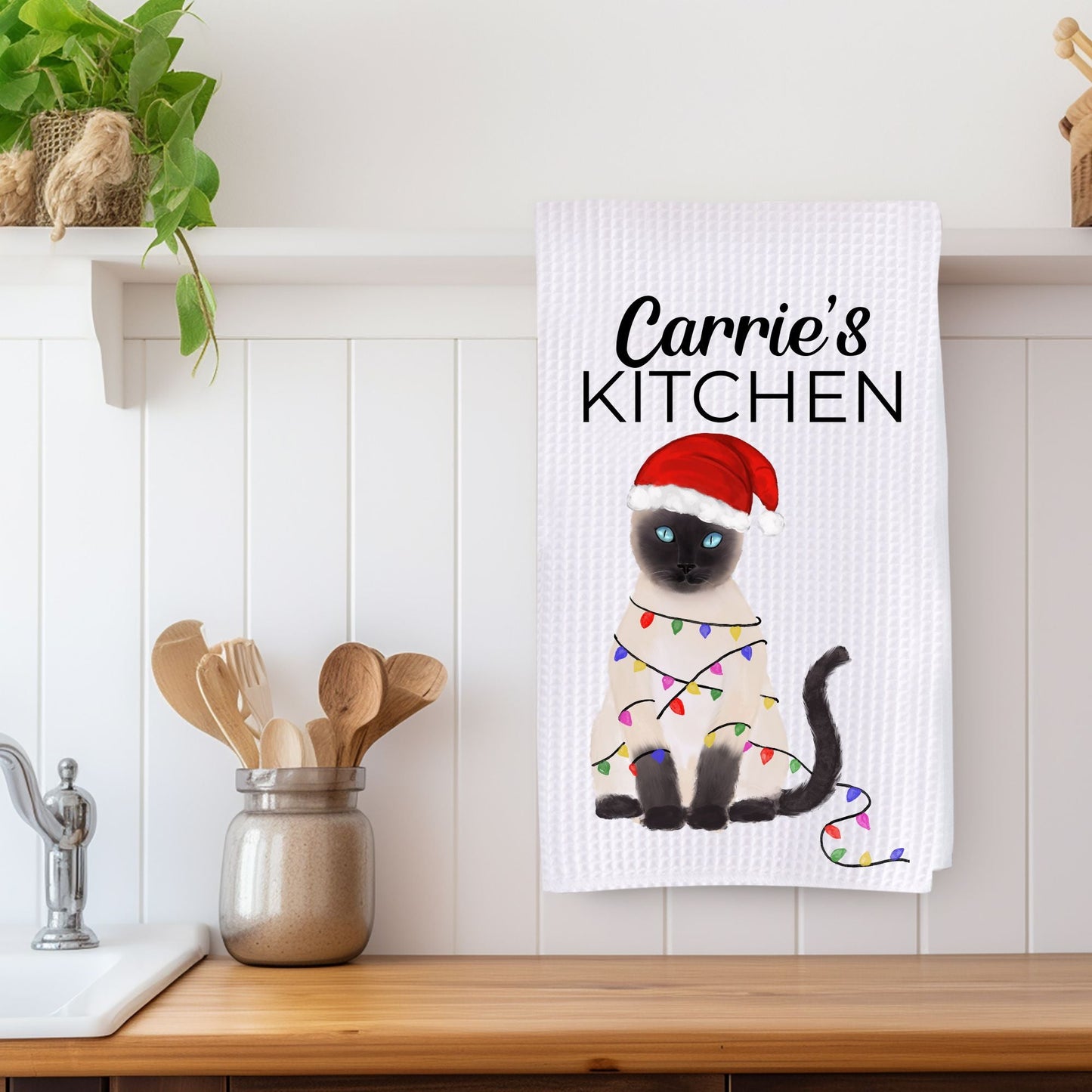 Christmas Siamese Cat Waffle Weave Kitchen Towel - MerikaArt
