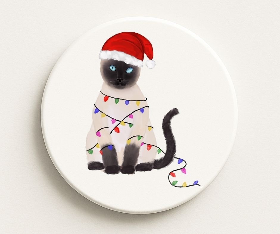 Christmas Siamese Cat with Santa Hat and Lights Ceramic Coaster - MerikaArt