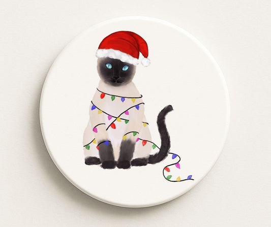 Christmas Siamese Cat with Santa Hat and Lights Ceramic Coaster - MerikaArt