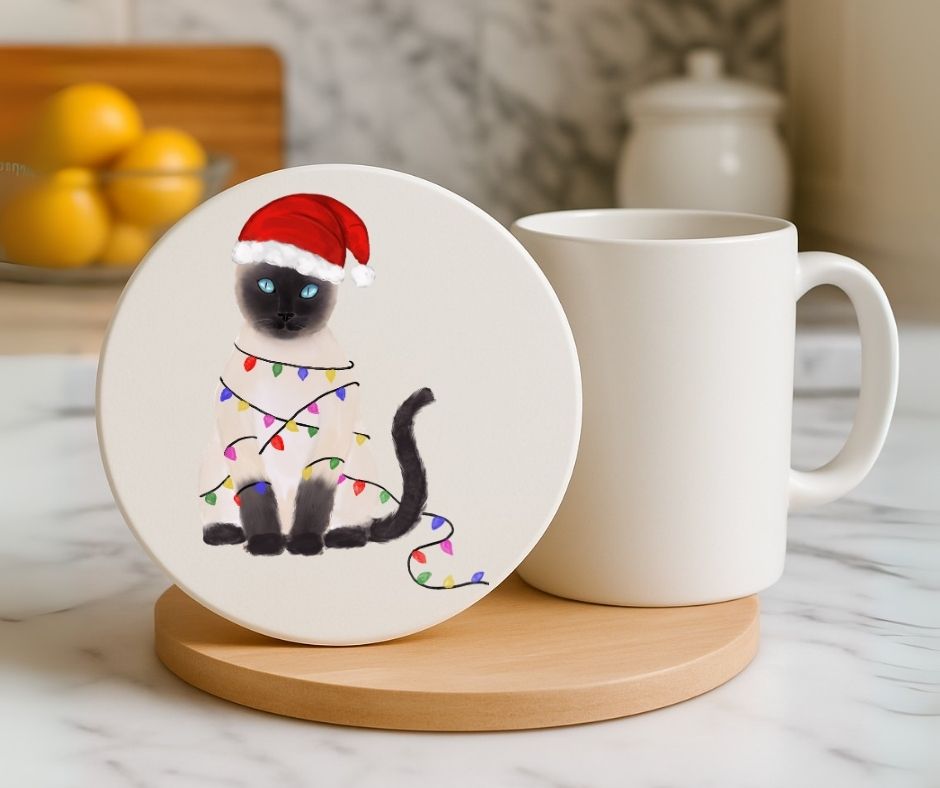 Christmas Siamese Cat with Santa Hat and Lights Ceramic Coaster - MerikaArt