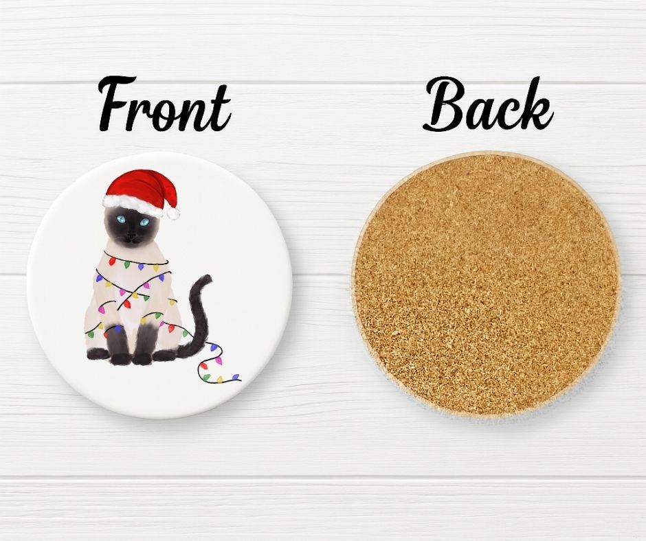 Christmas Siamese Cat with Santa Hat and Lights Ceramic Coaster - MerikaArt