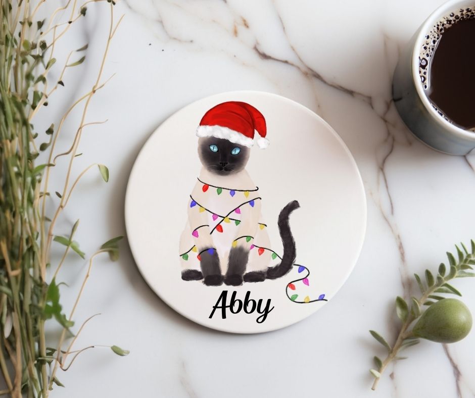 Christmas Siamese Cat with Santa Hat and Lights Ceramic Coaster - MerikaArt