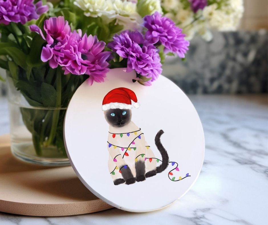 Christmas Siamese Cat with Santa Hat and Lights Ceramic Coaster - MerikaArt
