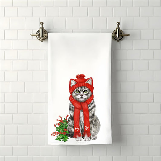 Christmas Tabby Cat Bathroom Towel - MerikaArt