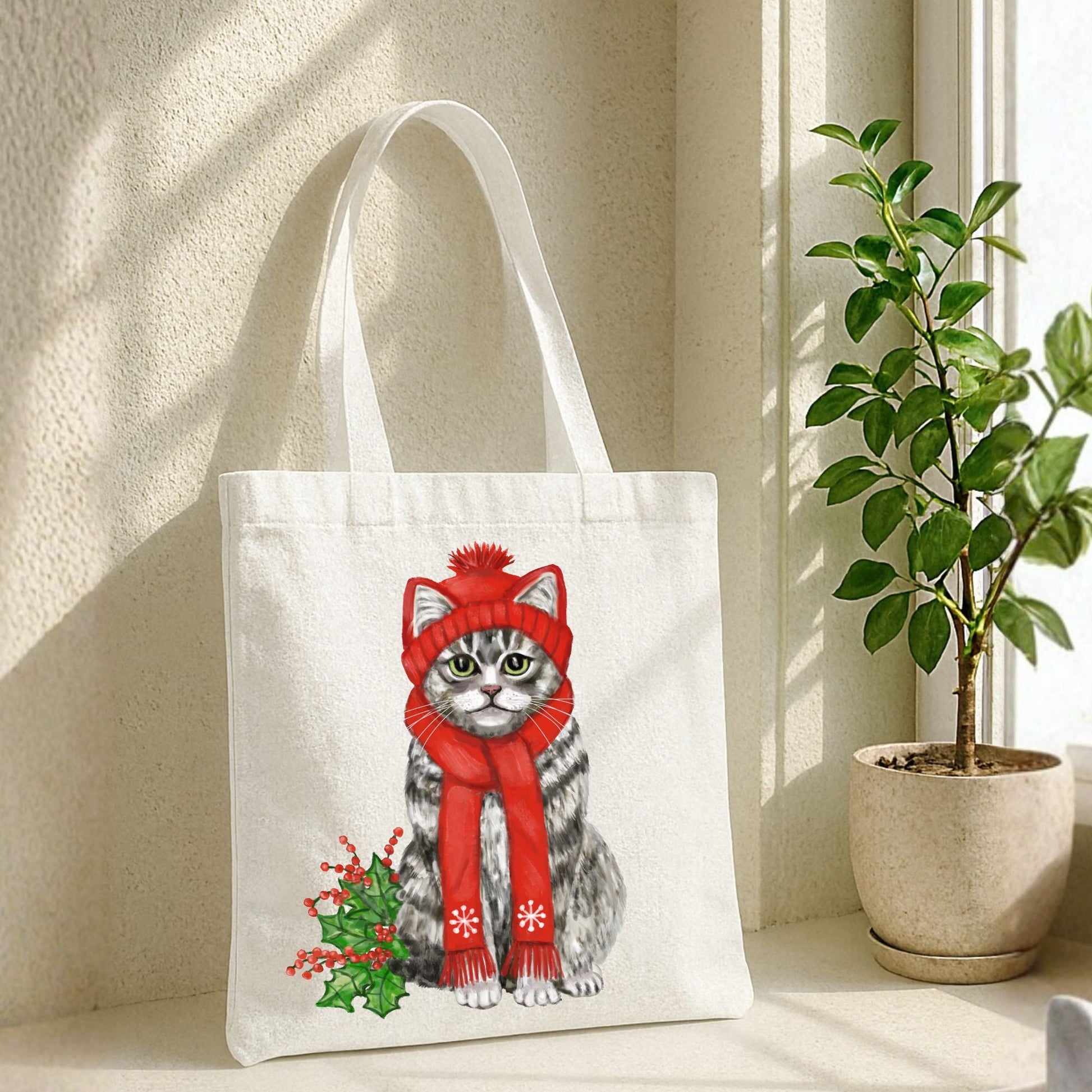Christmas Tabby Cat Canvas Tote Bag - MerikaArt
