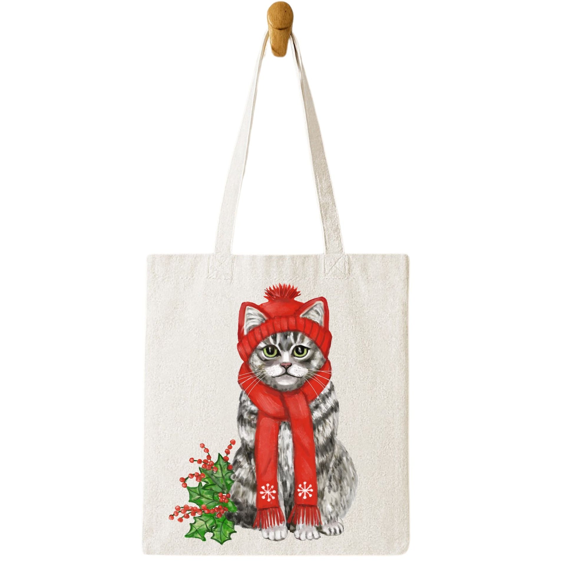 Christmas Tabby Cat Canvas Tote Bag - MerikaArt