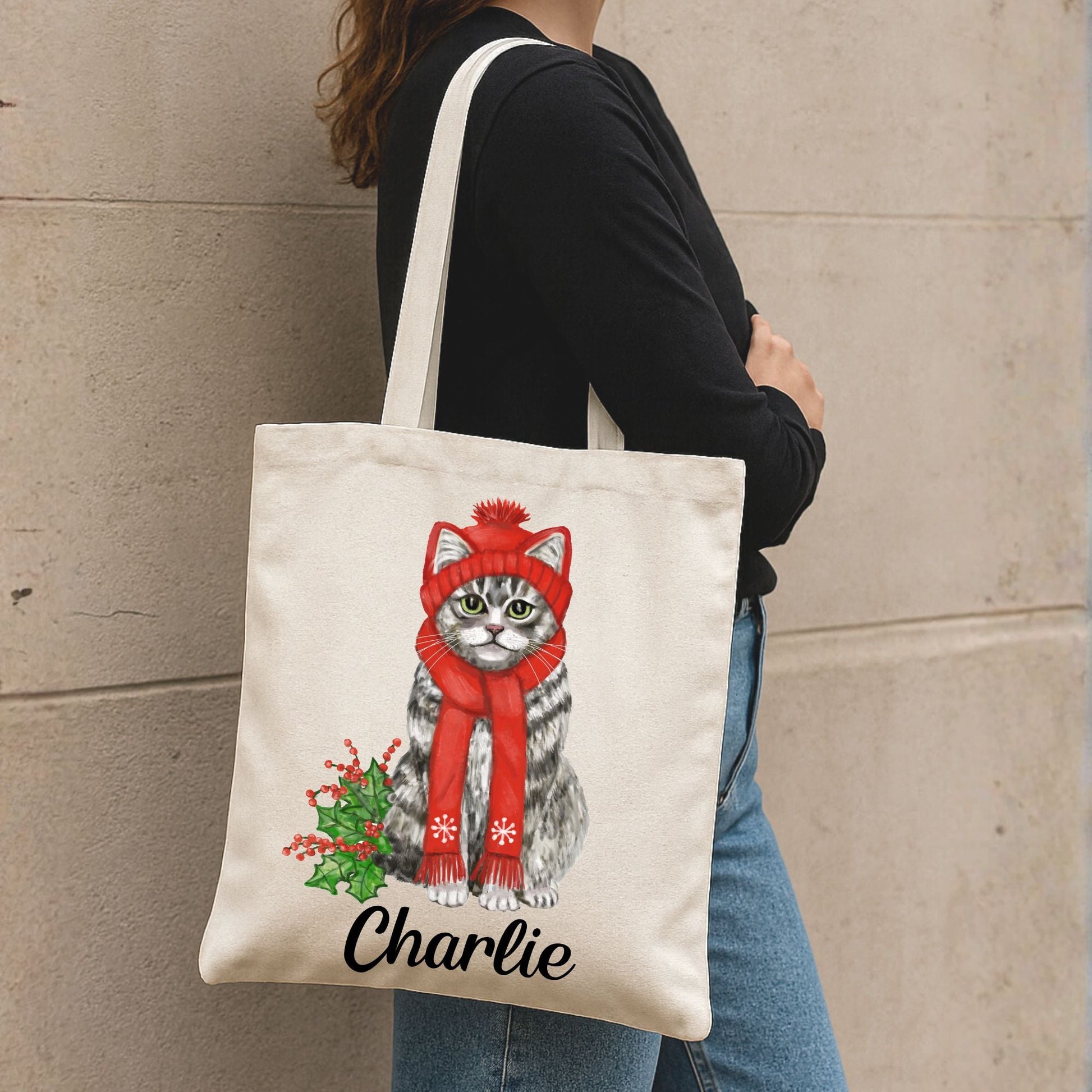 Christmas Tabby Cat Canvas Tote Bag - MerikaArt