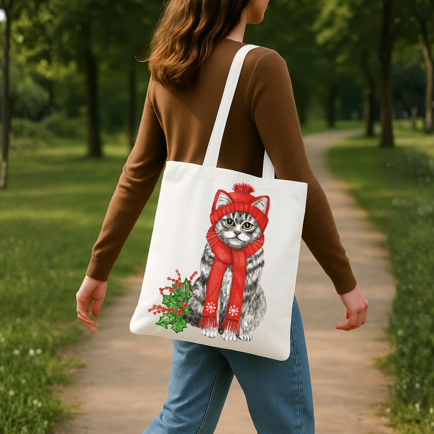 Christmas Tabby Cat Canvas Tote Bag - MerikaArt