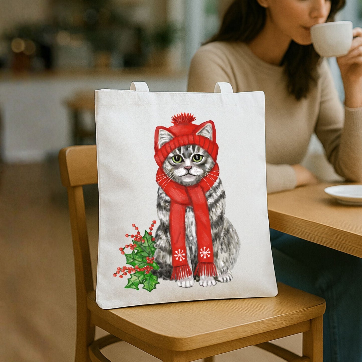 Christmas Tabby Cat Canvas Tote Bag - MerikaArt