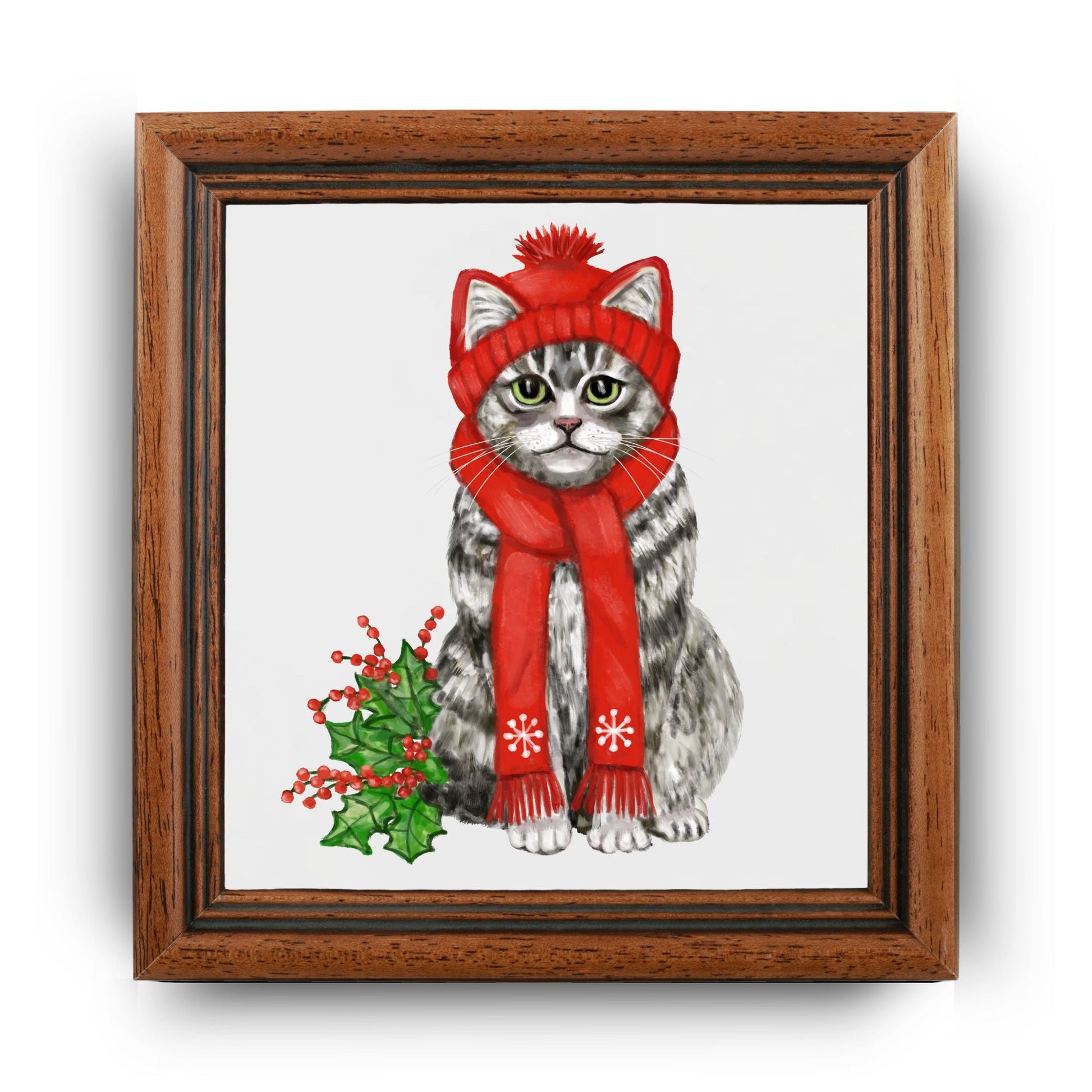 Christmas Tabby Cat Ceramic Tile - MerikaArt