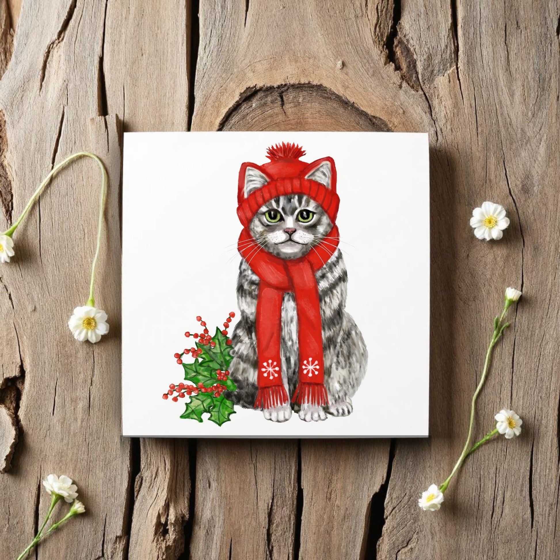 Christmas Tabby Cat Ceramic Tile - MerikaArt