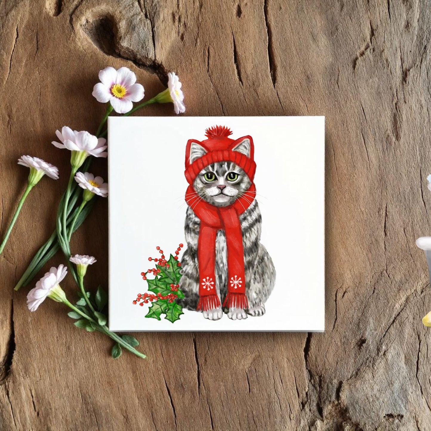 Christmas Tabby Cat Ceramic Tile - MerikaArt