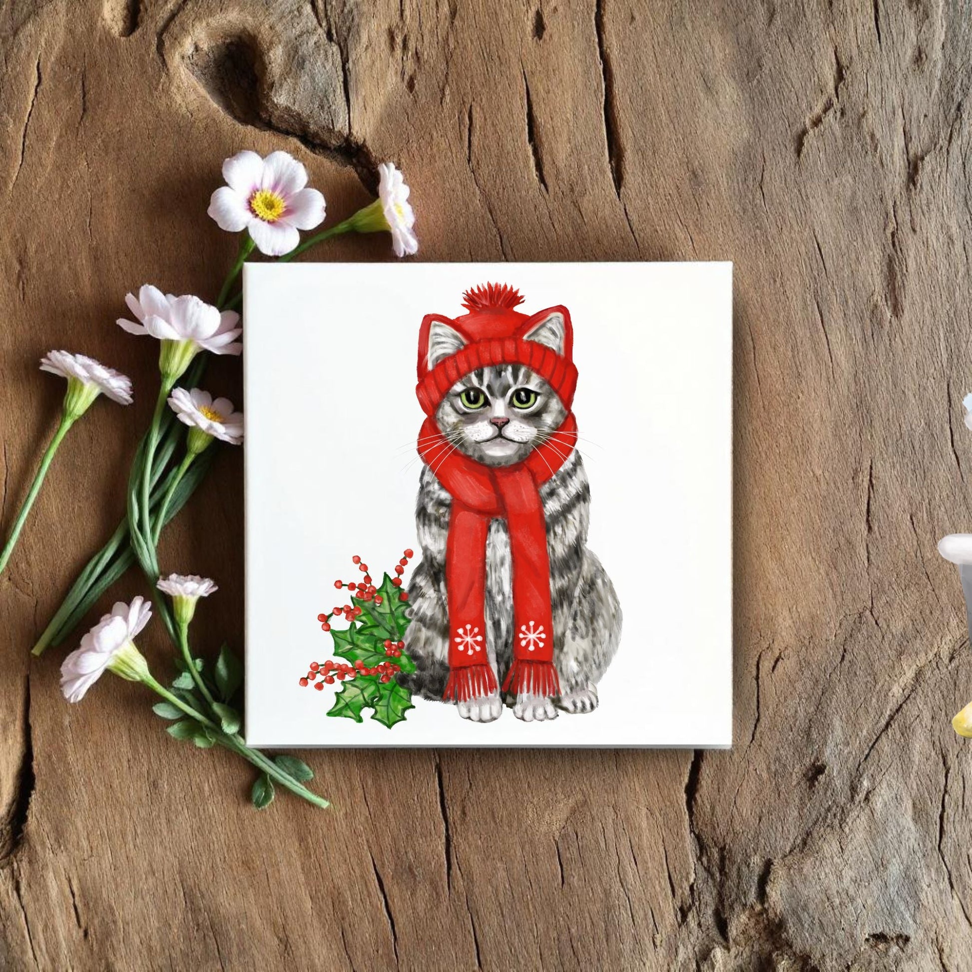 Christmas Tabby Cat Ceramic Tile - MerikaArt