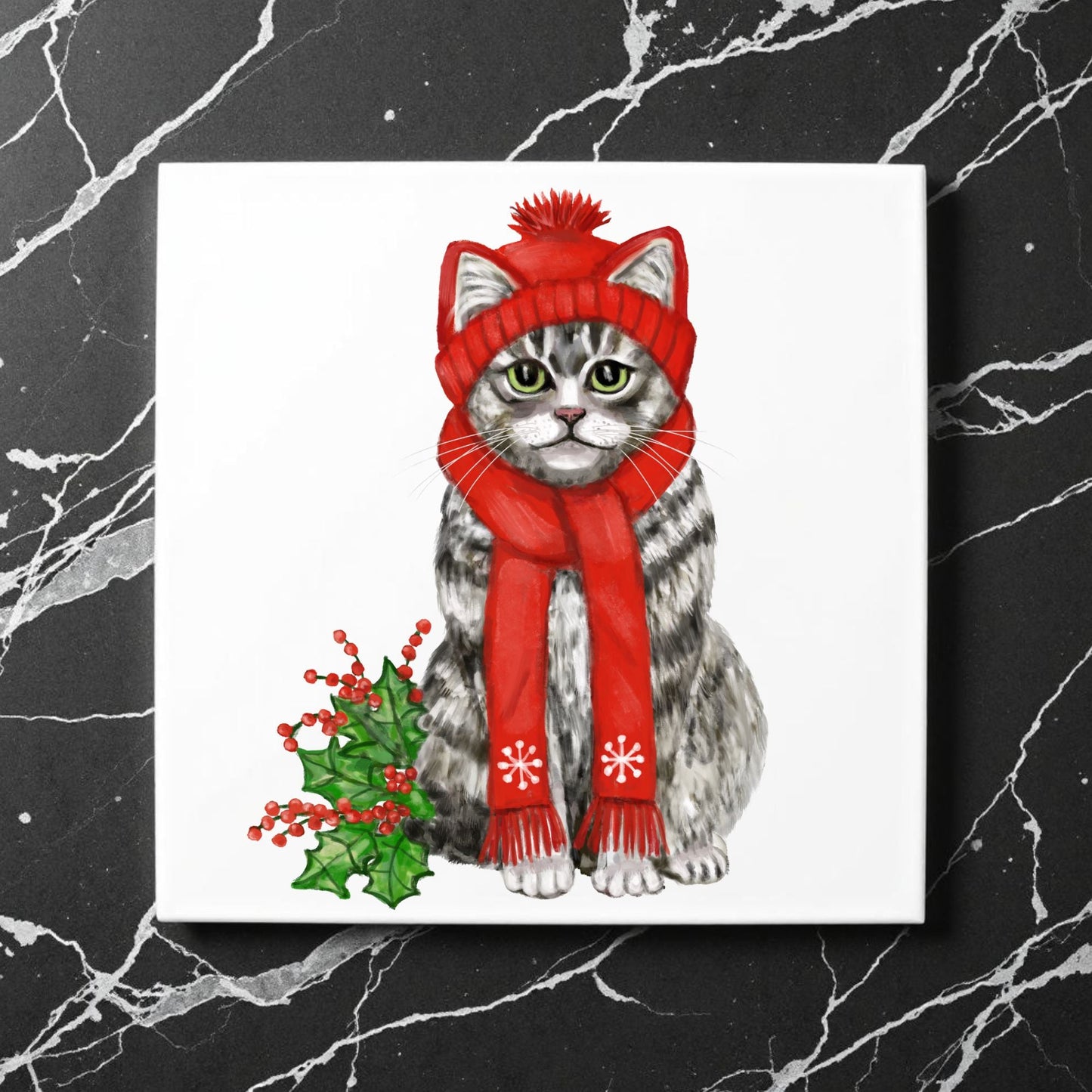 Christmas Tabby Cat Ceramic Tile - MerikaArt