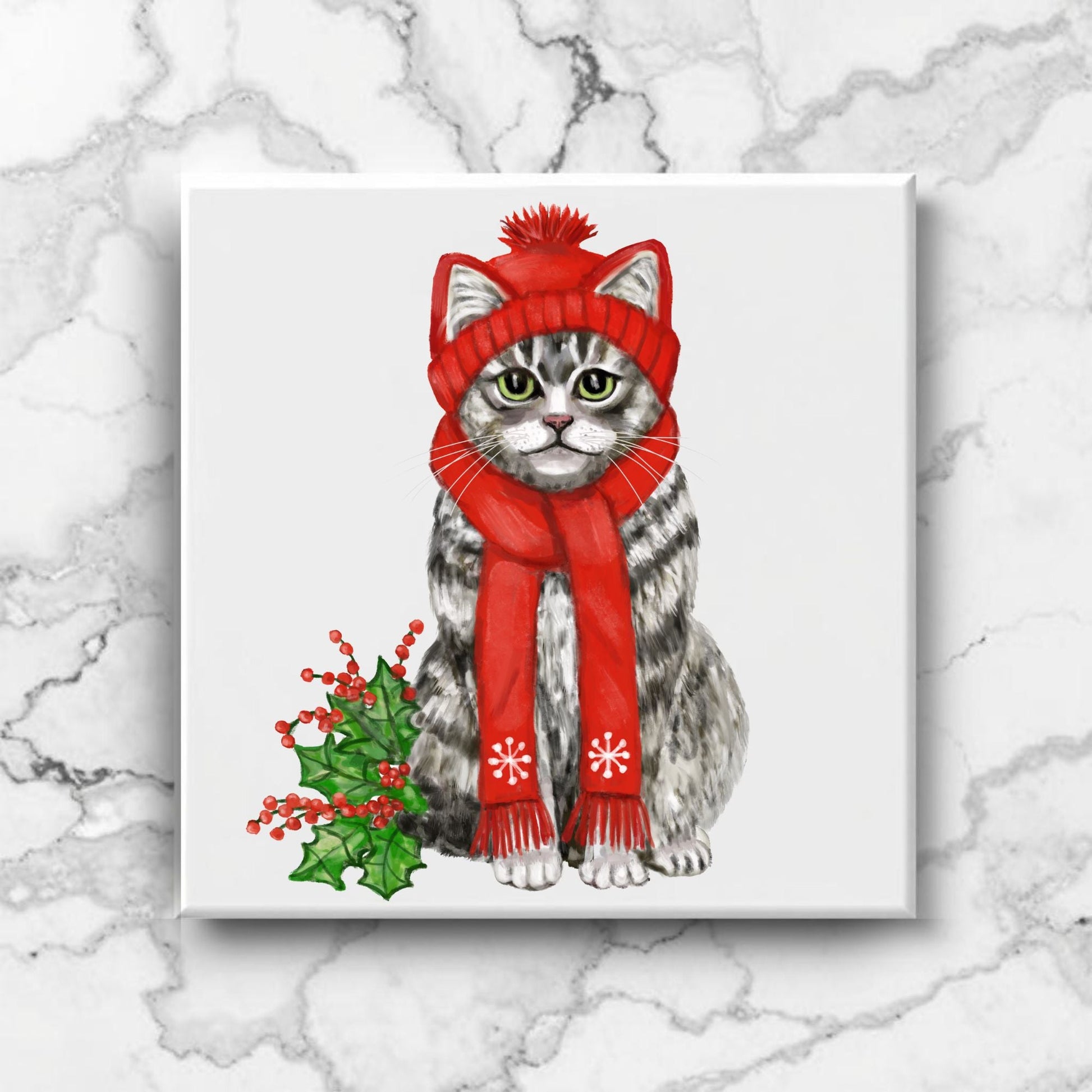 Christmas Tabby Cat Ceramic Tile - MerikaArt