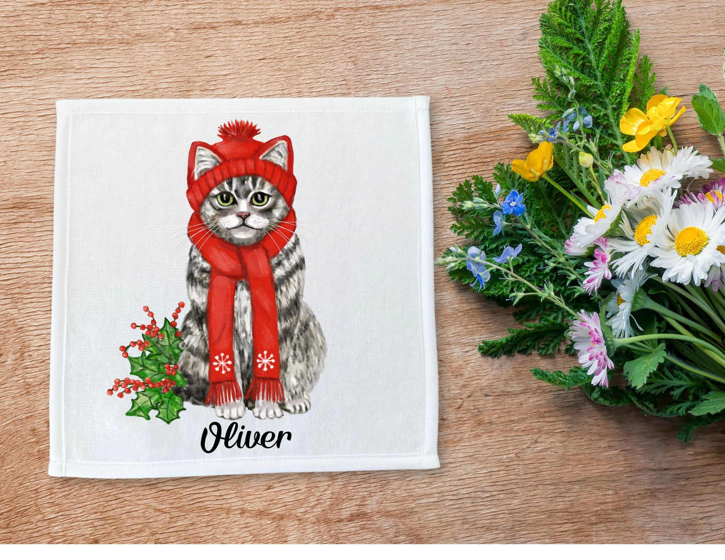 Christmas Tabby Cat Washcloth - MerikaArt