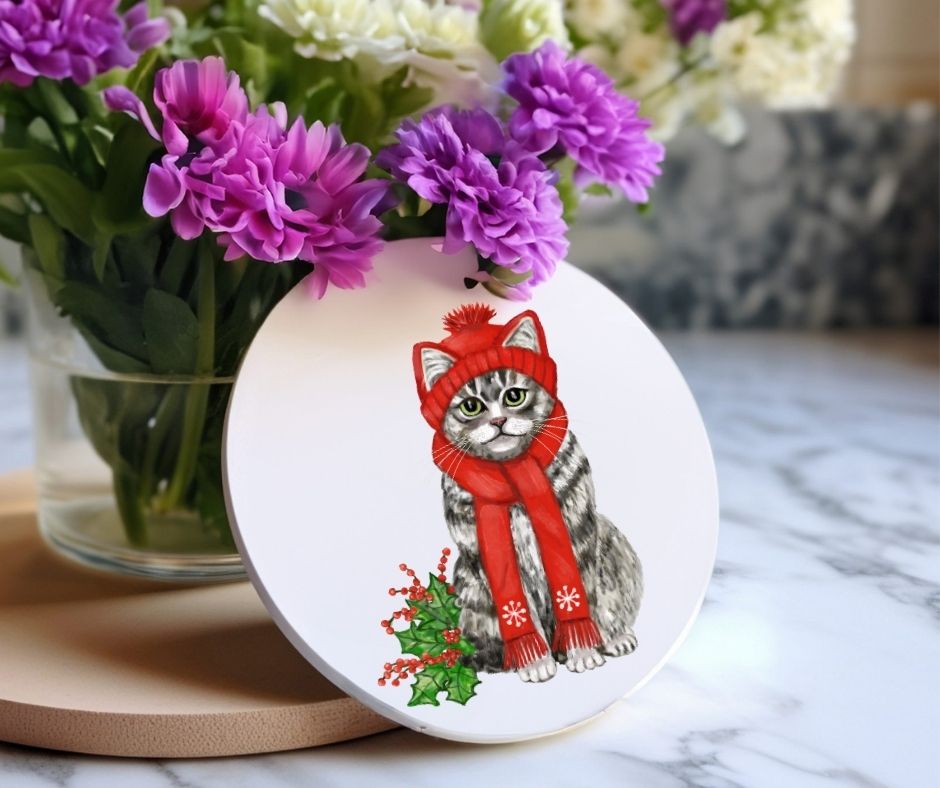 Christmas Tabby Cat with Red Hat and Scarf Ceramic Coaster - MerikaArt