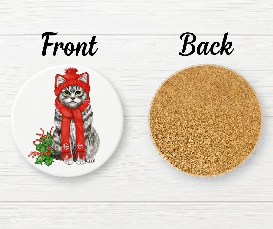 Christmas Tabby Cat with Red Hat and Scarf Ceramic Coaster - MerikaArt