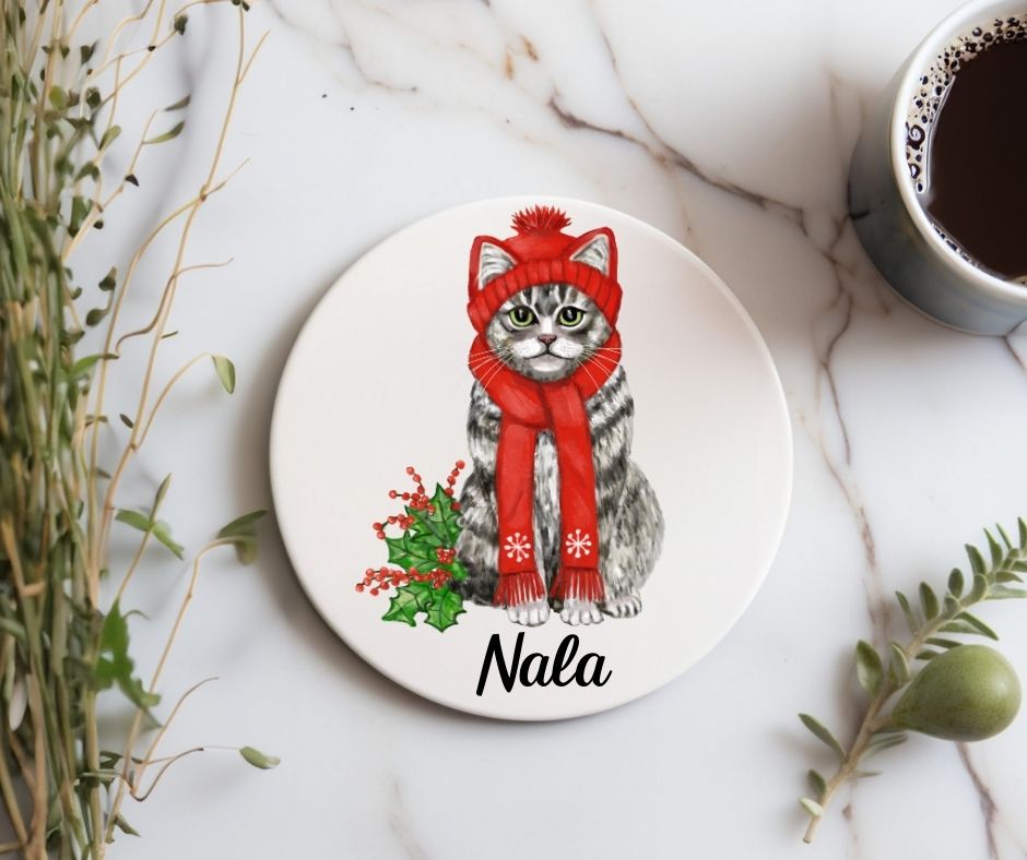 Christmas Tabby Cat with Red Hat and Scarf Ceramic Coaster - MerikaArt