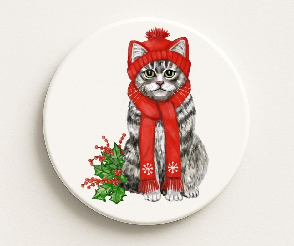 Christmas Tabby Cat with Red Hat and Scarf Ceramic Coaster - MerikaArt