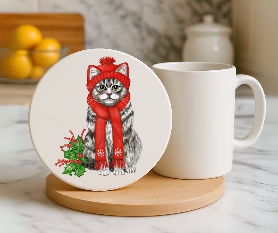 Christmas Tabby Cat with Red Hat and Scarf Ceramic Coaster - MerikaArt