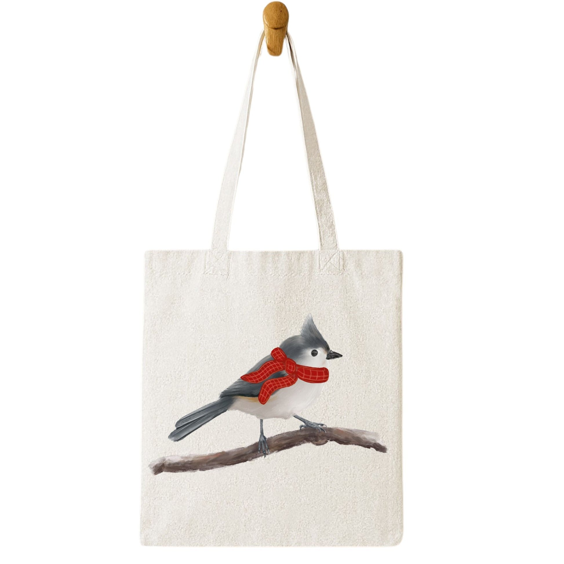 Christmas Tufted Titmouse Canvas Tote Bag - MerikaArt
