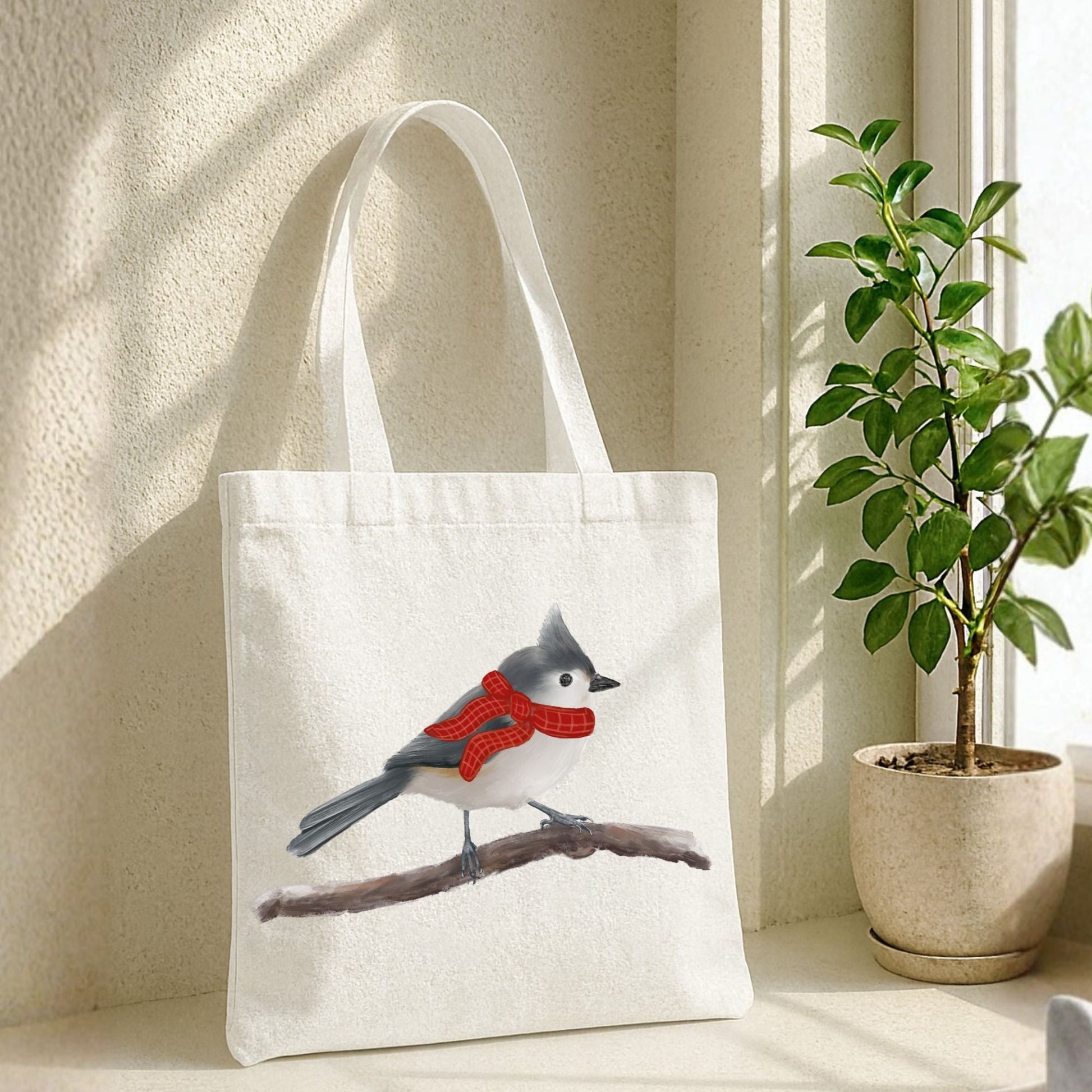 Christmas Tufted Titmouse Canvas Tote Bag - MerikaArt