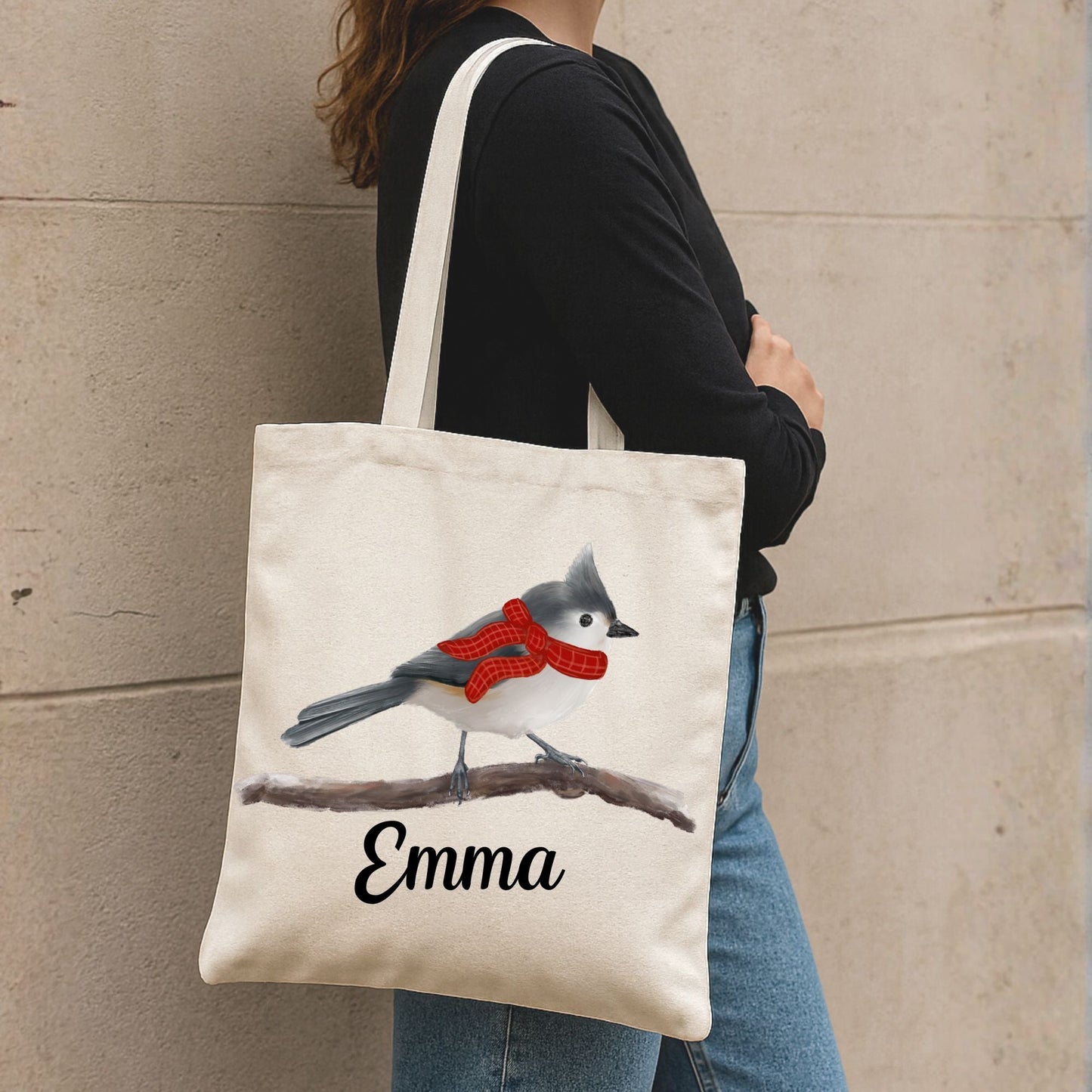 Christmas Tufted Titmouse Canvas Tote Bag - MerikaArt