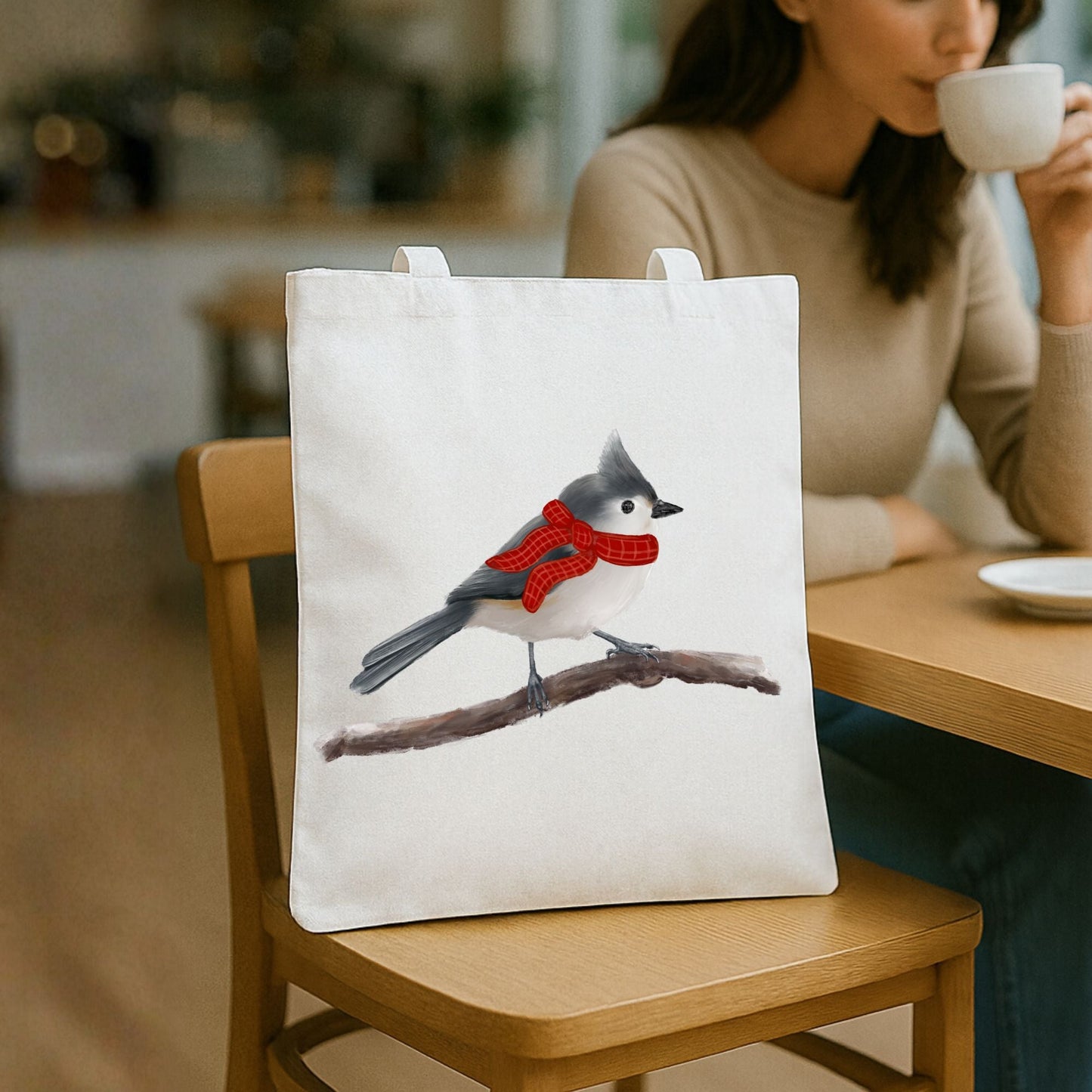 Christmas Tufted Titmouse Canvas Tote Bag - MerikaArt