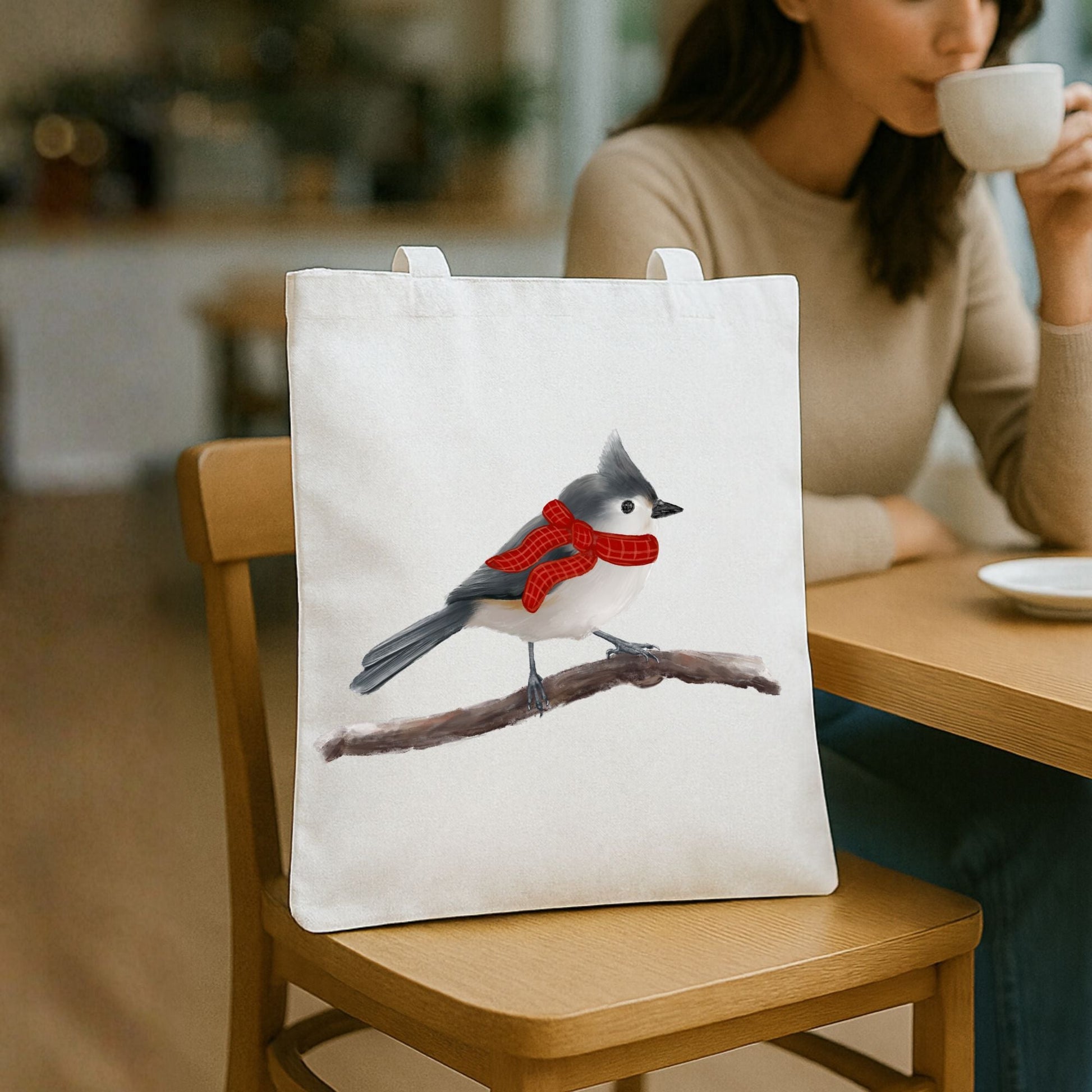 Christmas Tufted Titmouse Canvas Tote Bag - MerikaArt