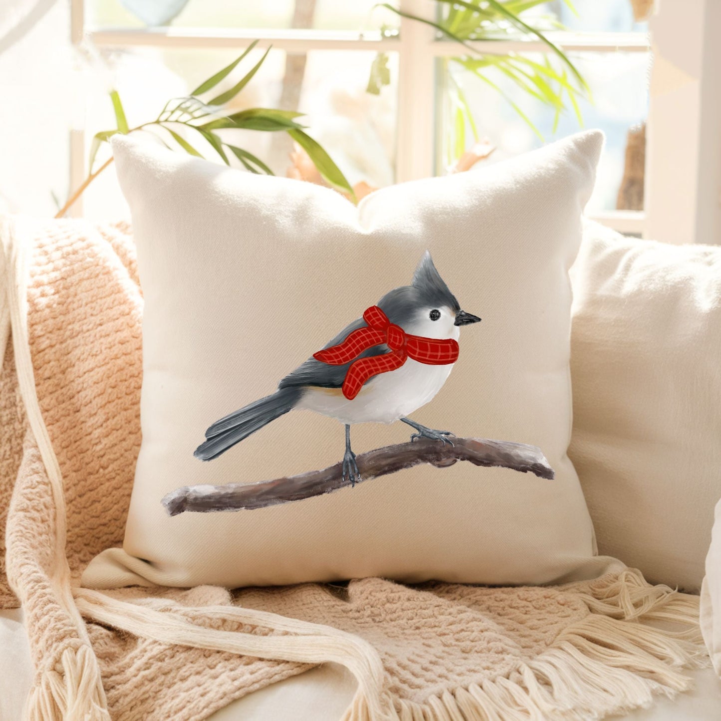 Christmas Tufted Titmouse Pillow - MerikaArt