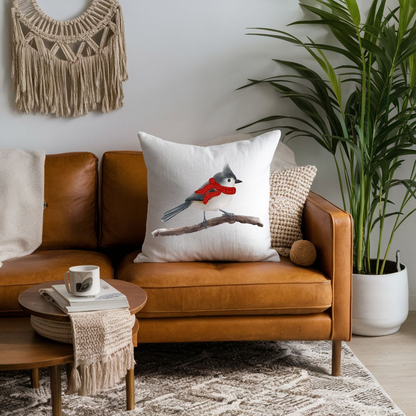 Christmas Tufted Titmouse Pillow - MerikaArt