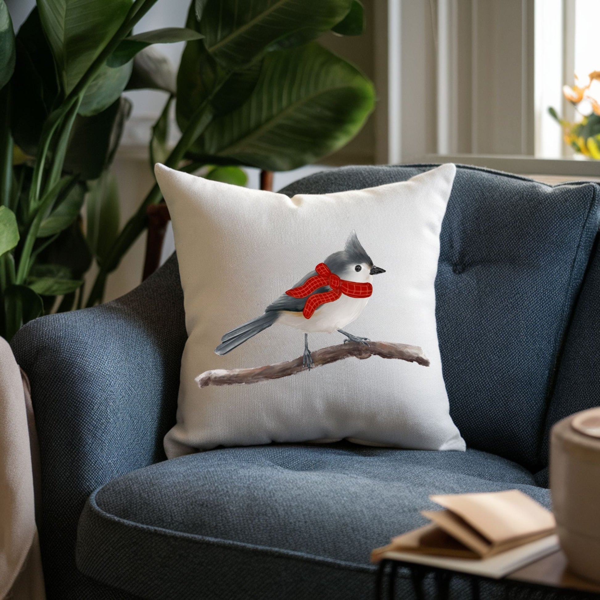 Christmas Tufted Titmouse Pillow - MerikaArt