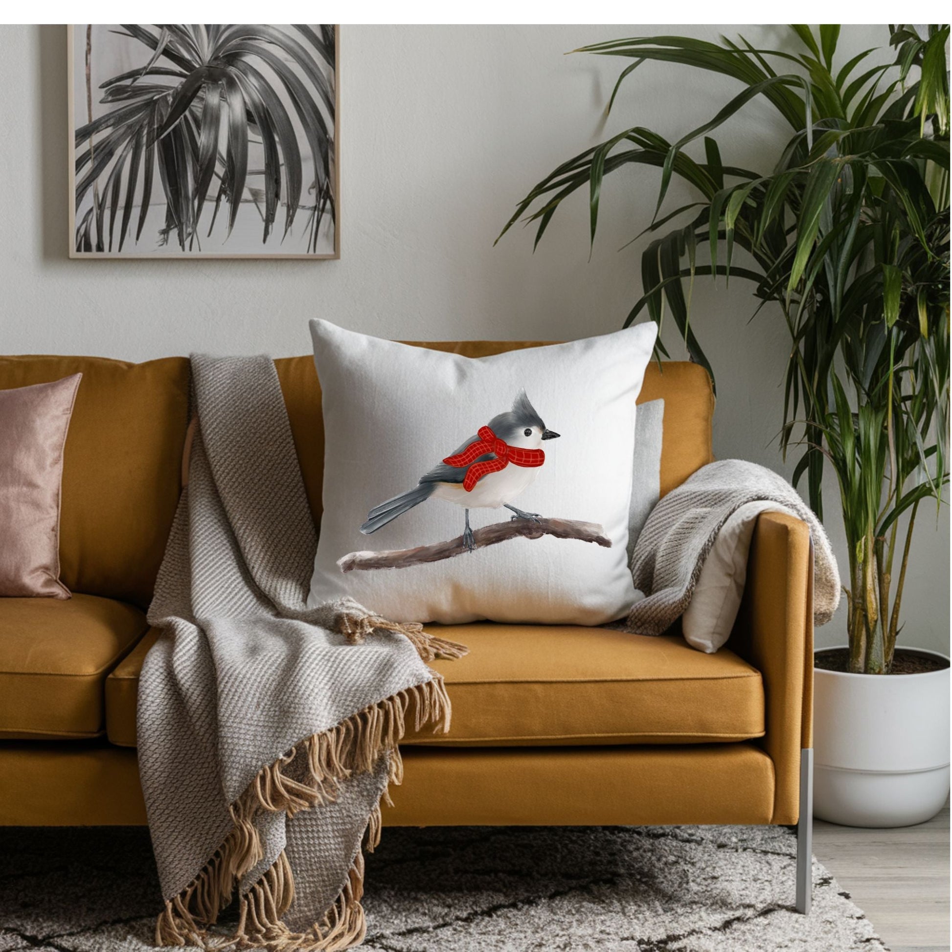 Christmas Tufted Titmouse Pillow - MerikaArt
