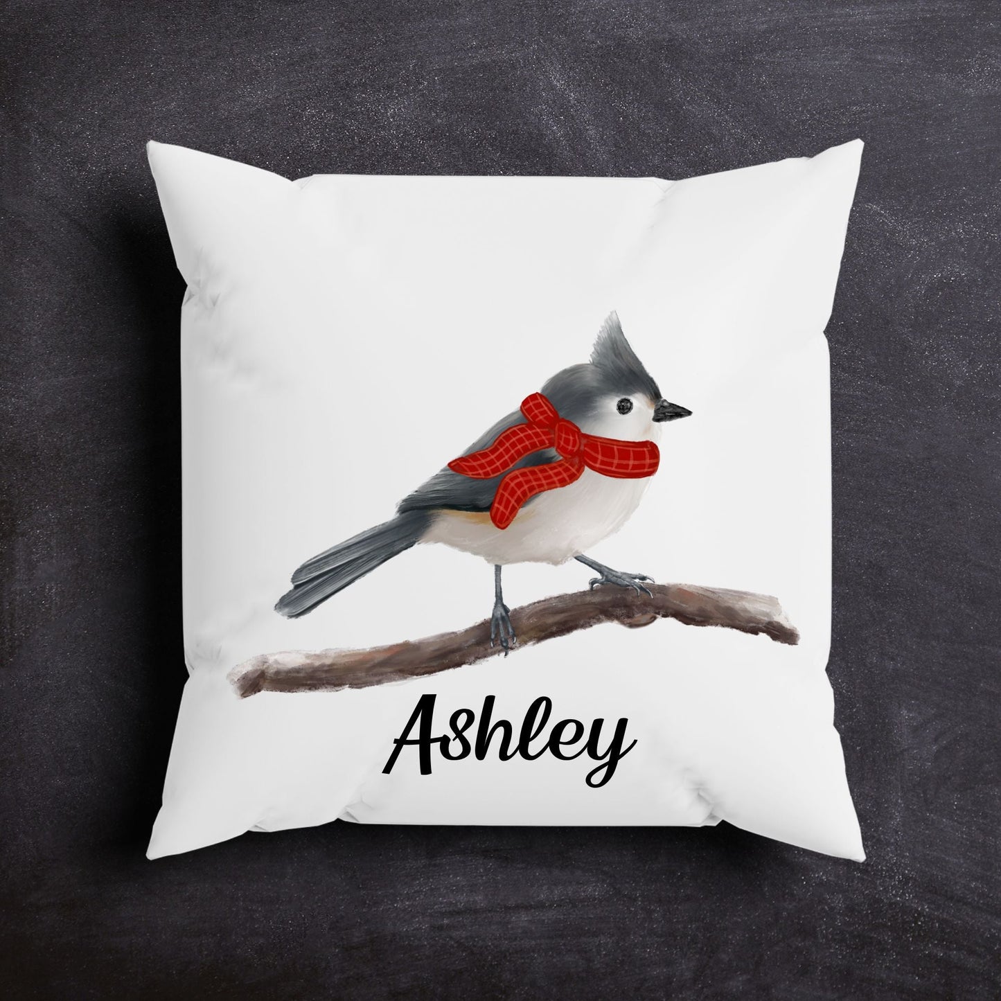 Christmas Tufted Titmouse Pillow - MerikaArt
