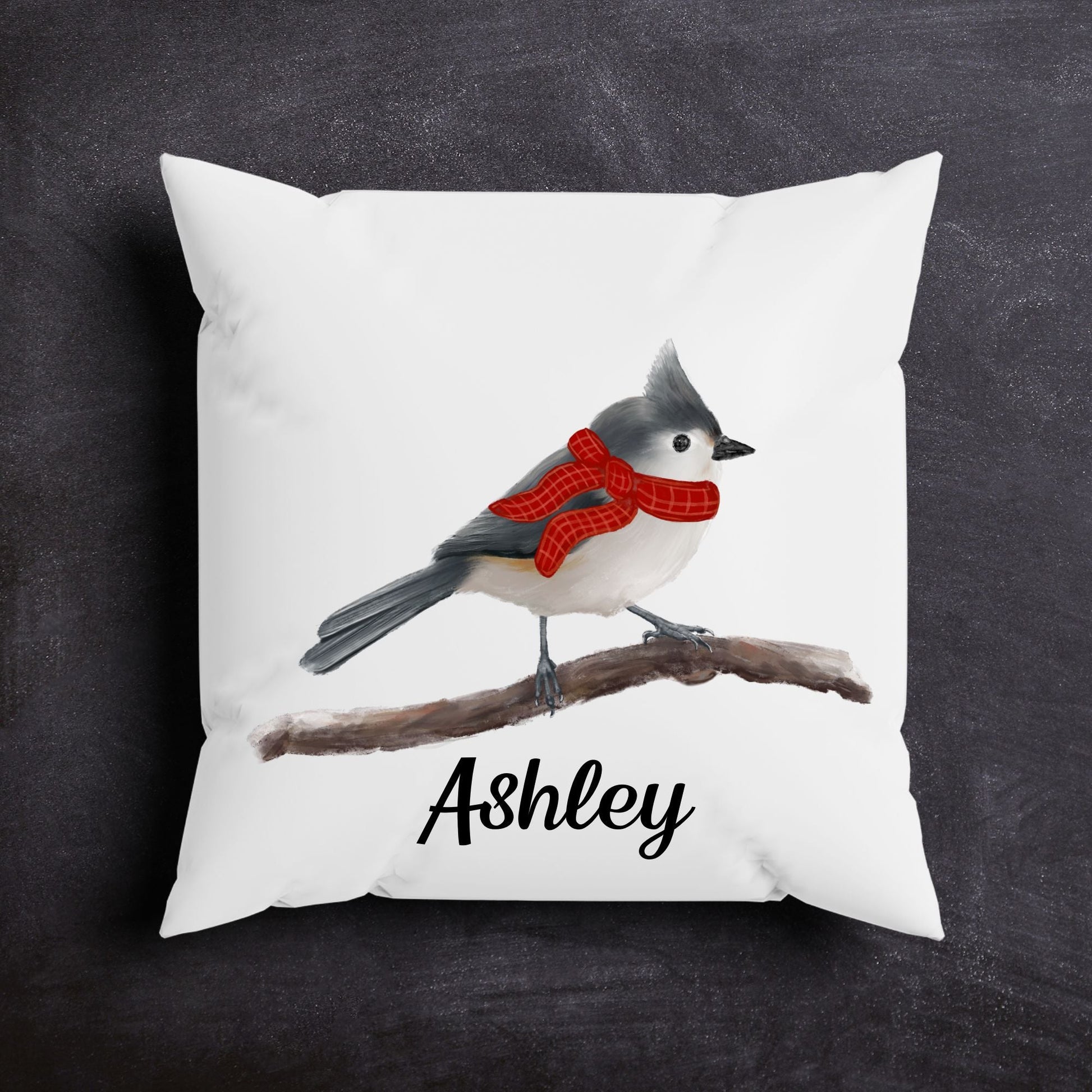 Christmas Tufted Titmouse Pillow - MerikaArt