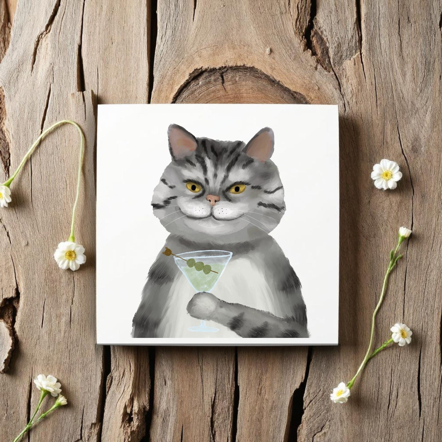Classy Tabby Cat Martini Ceramic Tile - MerikaArt