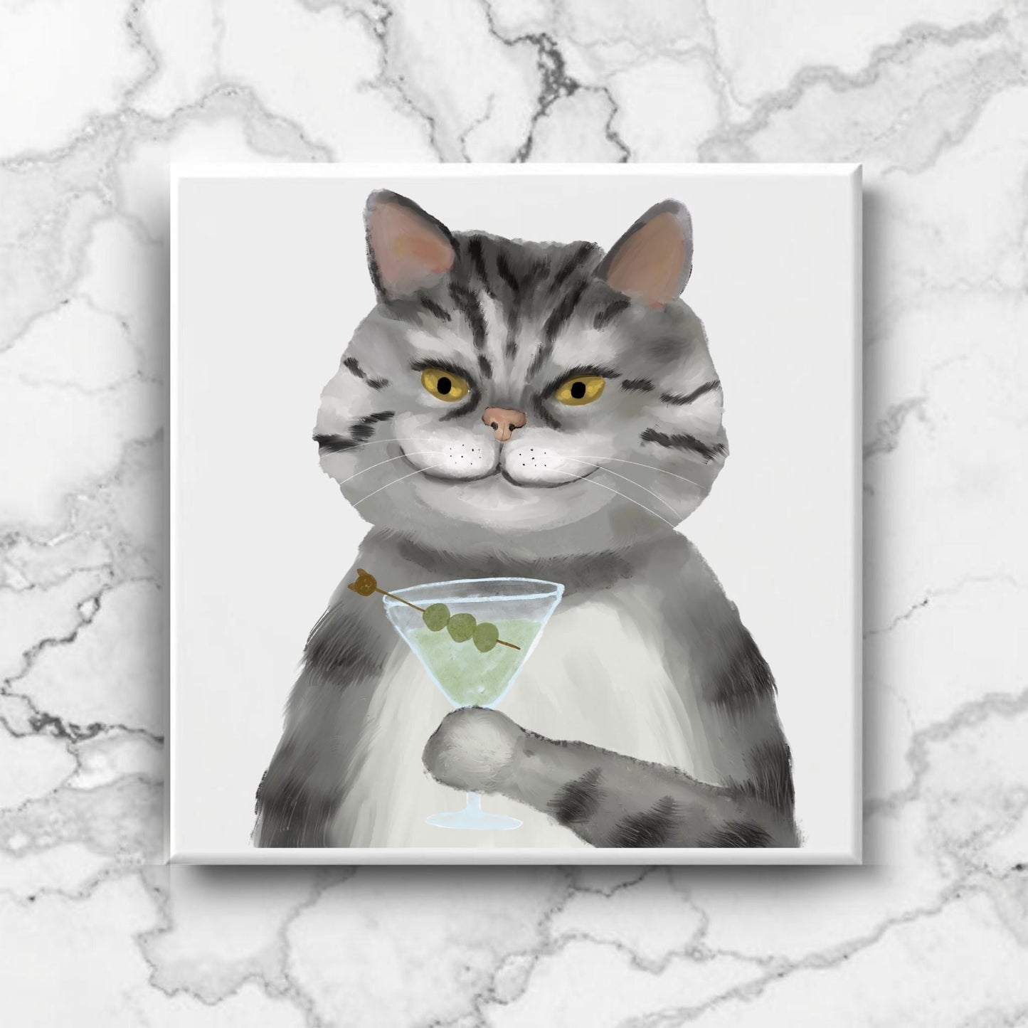 Classy Tabby Cat Martini Ceramic Tile - MerikaArt