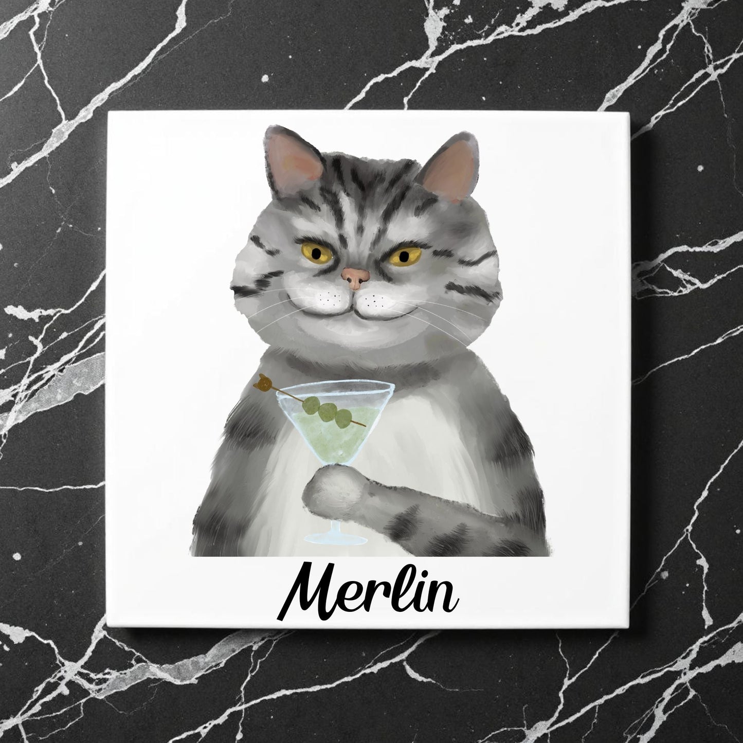 Classy Tabby Cat Martini Ceramic Tile - MerikaArt