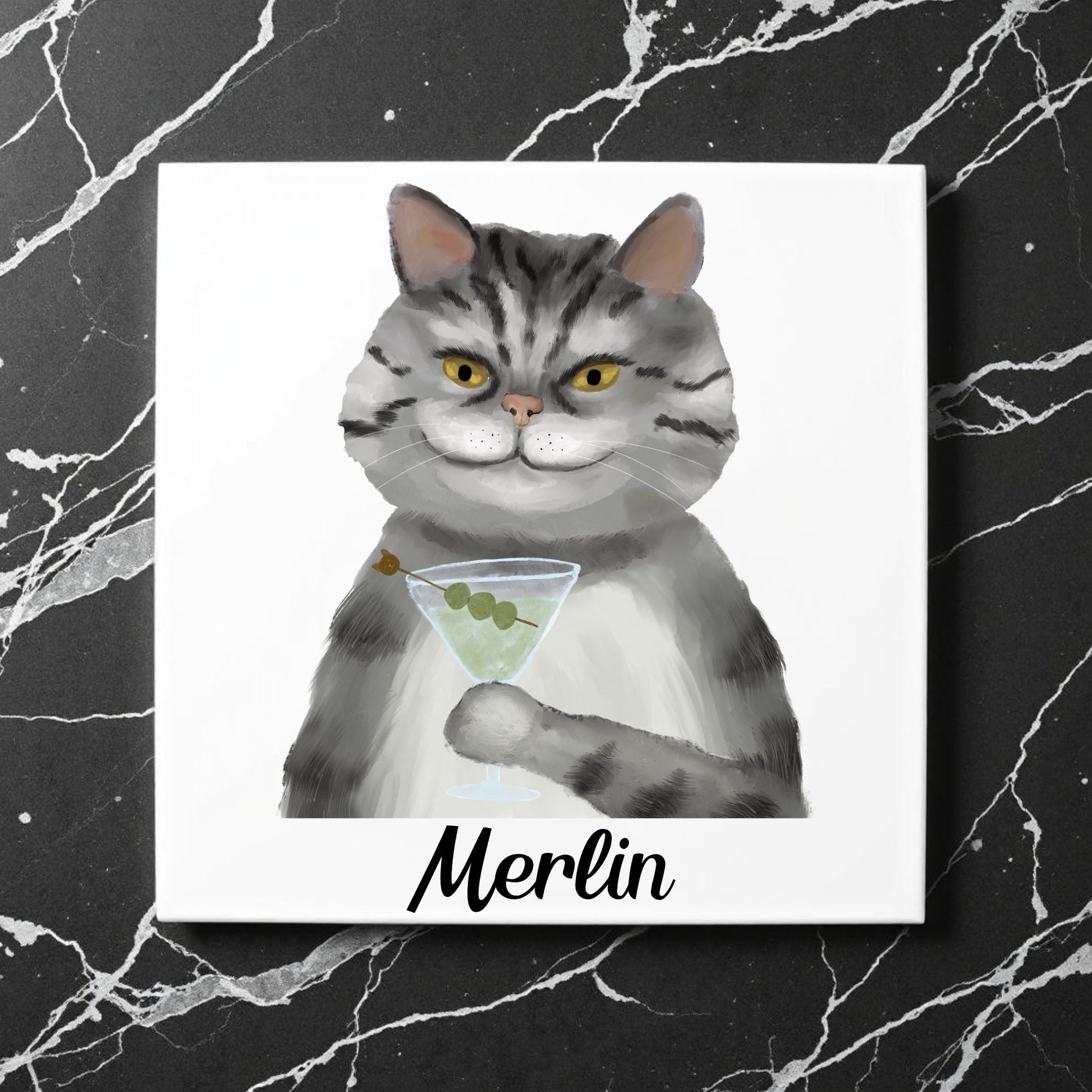 Classy Tabby Cat Martini Ceramic Tile - MerikaArt