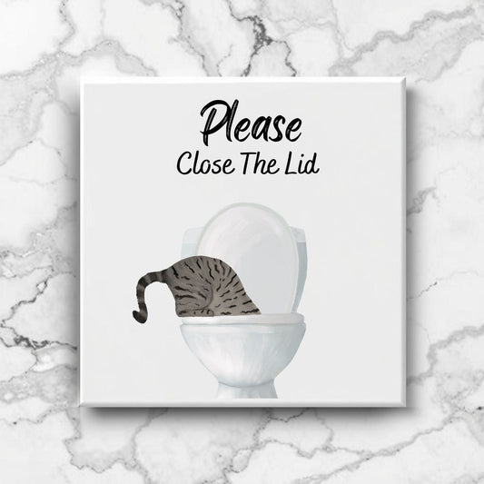 Close The Lid Grey Tabby Cat Ceramic Tile - MerikaArt