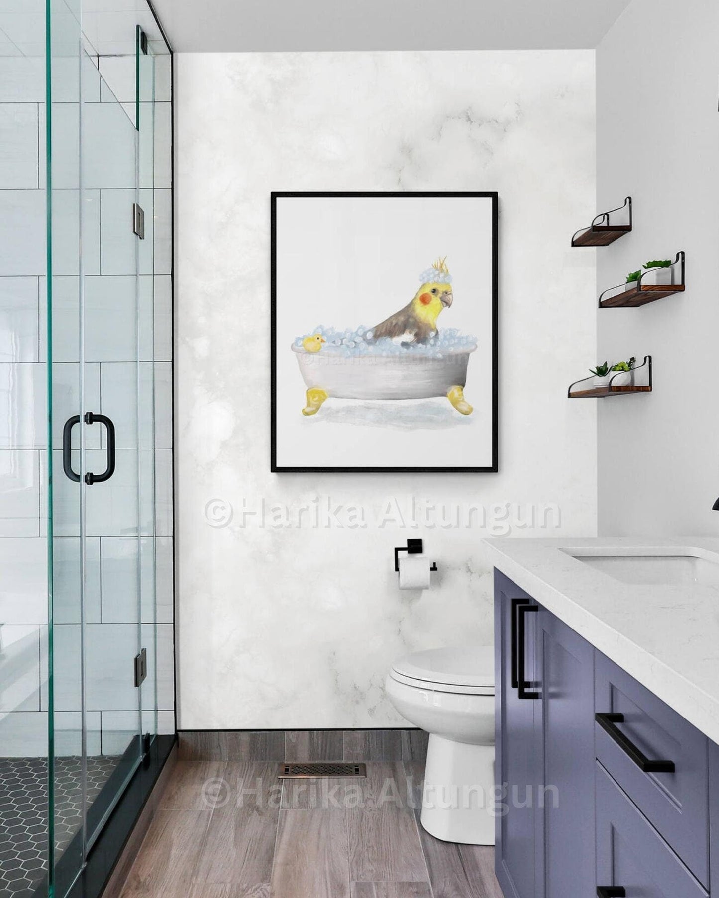 Cockatiel Bathing Print, Parrot In Bathtub, Bathroom Wall Art, Cockatiel Memorial Painting, Bird Relaxing In Bath Print, Parrot Mom and Dad - MerikaArt